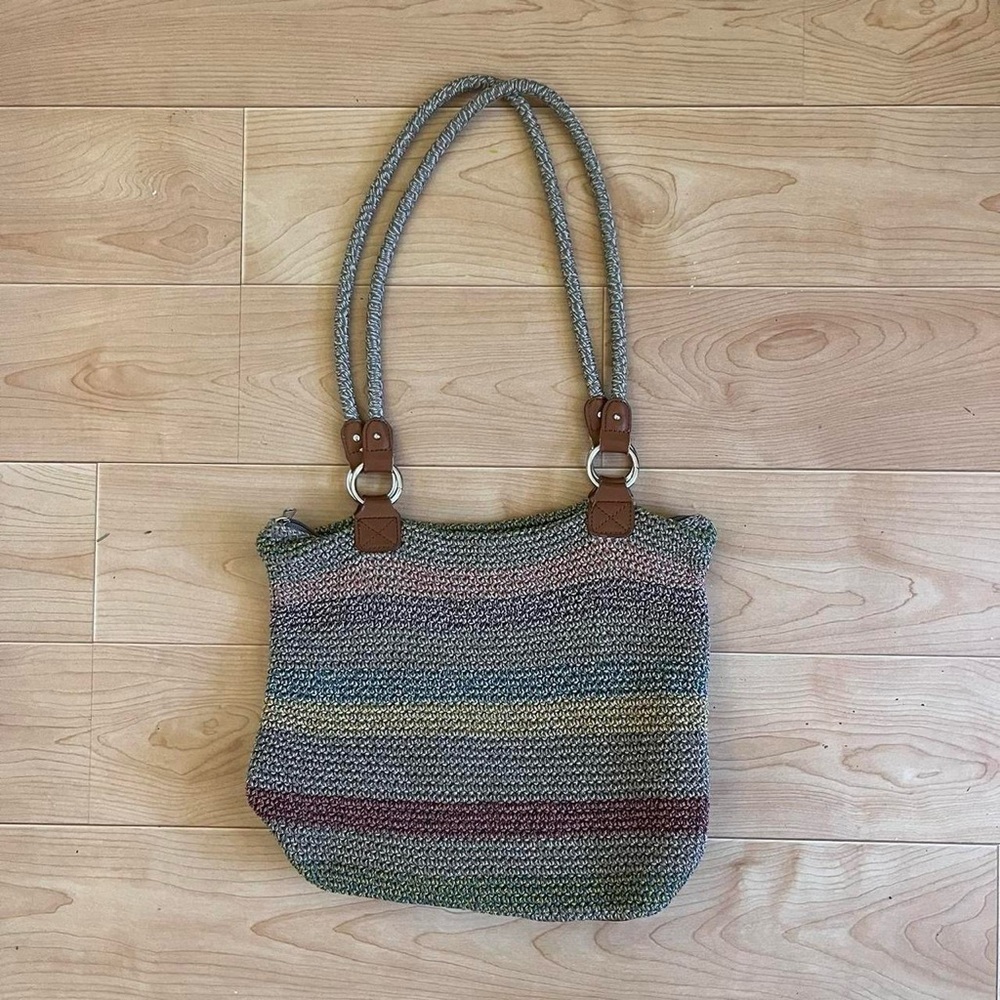 Croft & Barrow Gray Brown pink Knit Shoulder Bag with Brass Accents and leather